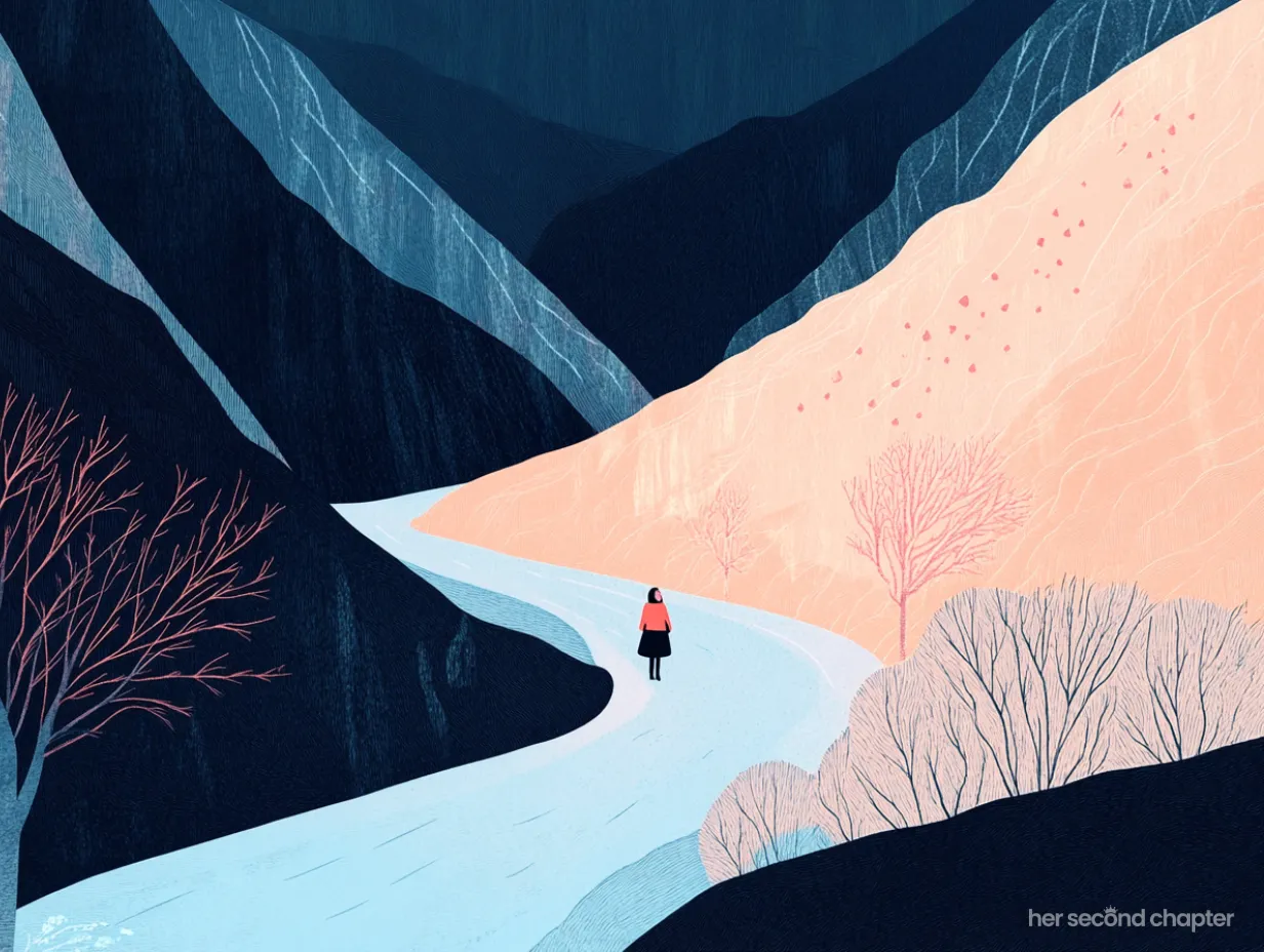 A woman walking alone through dark mountains, representing the emotional weight of feeling lost in life—and the reminder that you’re not alone.