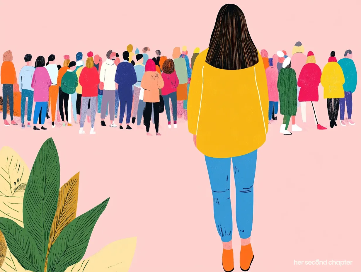 When you feel lost vector illustration of a woman standing alone in a crowd, facing away in a yellow sweater