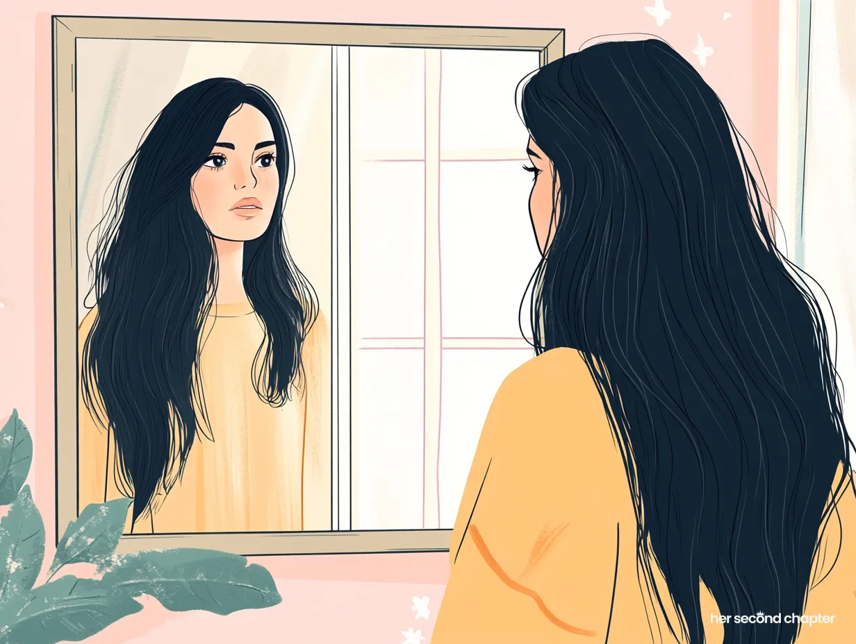 Woman staring at her reflection in the mirror, looking uncertain and introspective.