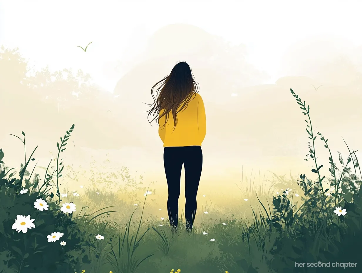 Illustration of a woman in a yellow sweater standing in a sunny meadow, surrounded by wildflowers, gazing into a bright horizon.