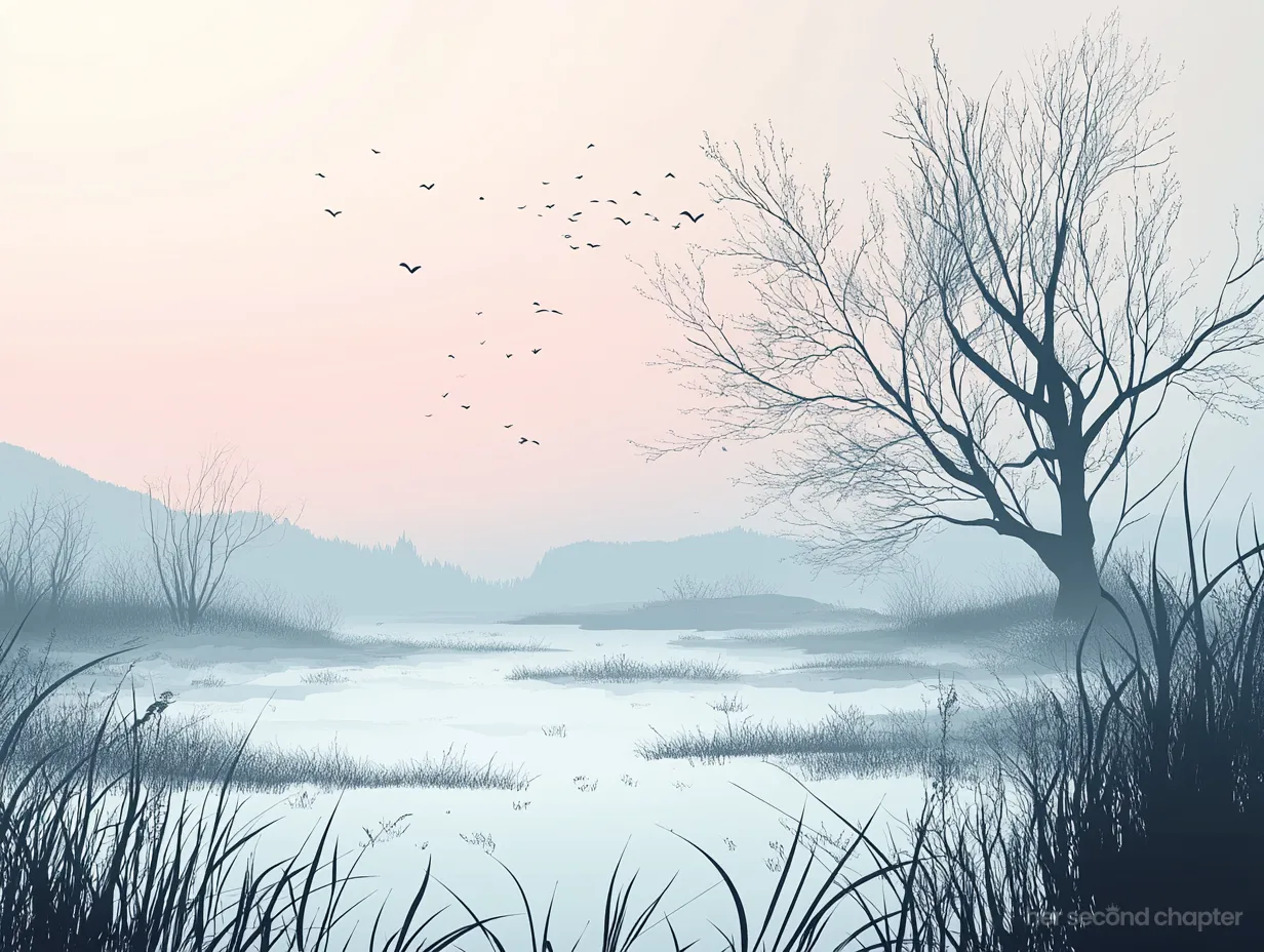 Vector illustration of a quiet, foggy marsh at dawn with a leafless tree and distant birds in flight, symbolizing spiritual stillness and lostness.