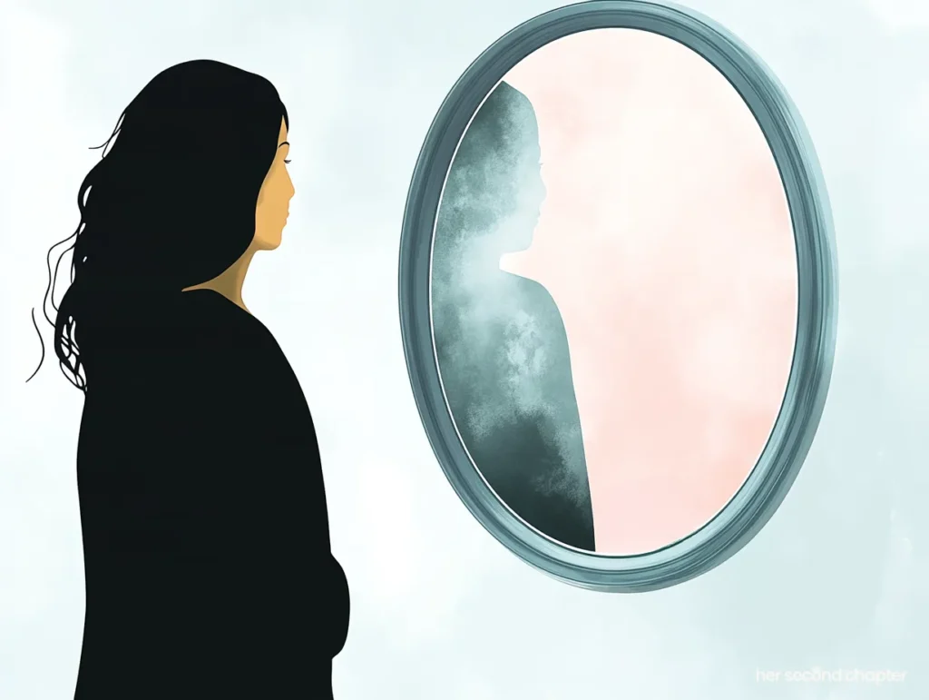 A woman who is feeling lost in life staring into a foggy mirror, reflecting the question: What does it really mean to feel lost and unsure of who you are becoming.