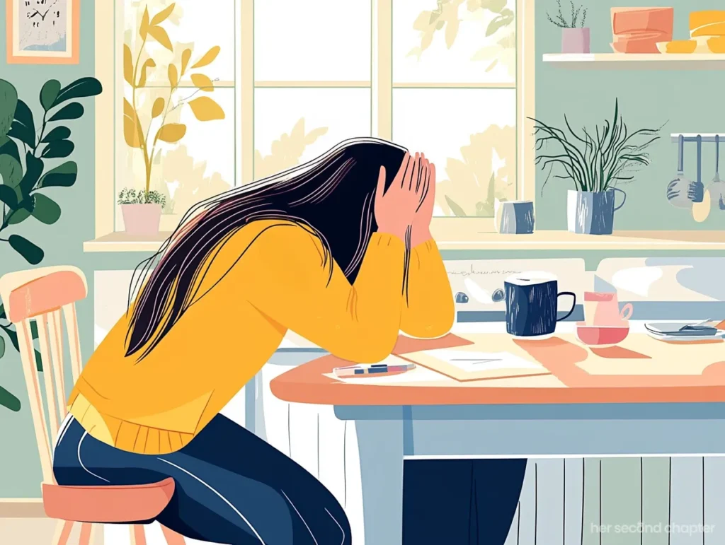Woman in a yellow sweater with her head in her hands at a kitchen table, surrounded by coffee mugs and papers, sunlight pouring through a window.