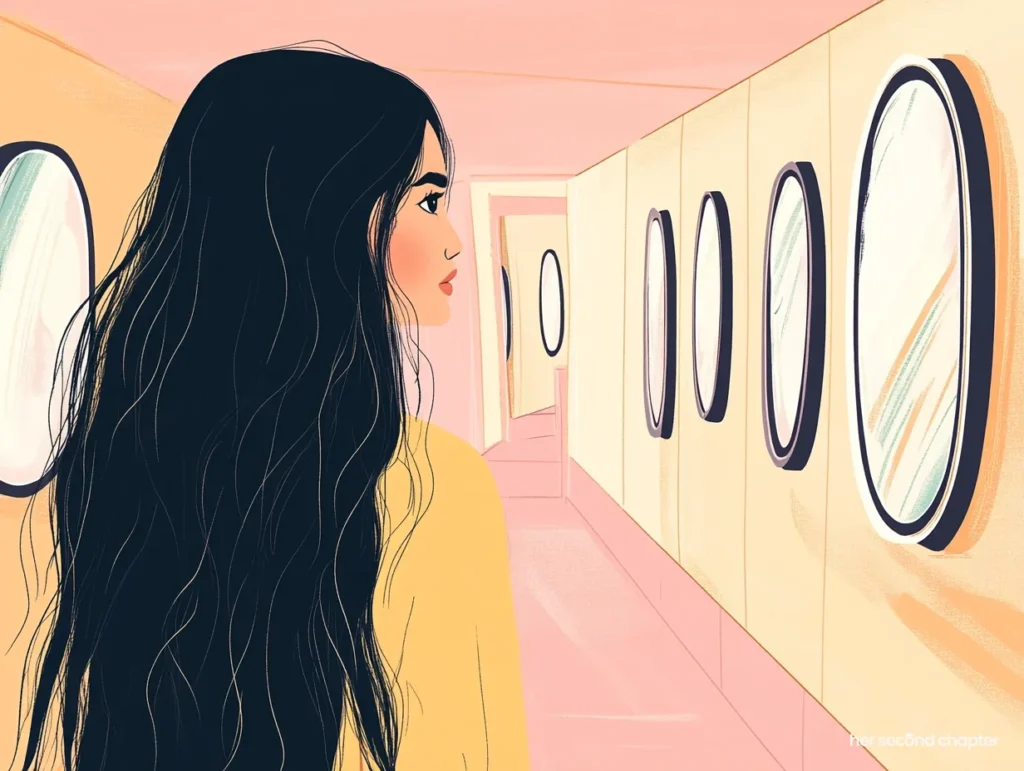 Woman walking past mirrors that reflect different versions of herself.