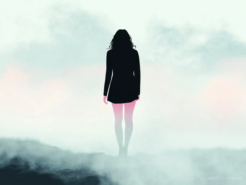 Vector art of a woman standing in soft fog, surrounded by pastel skies, symbolizing emotional disconnection and spiritual searching.