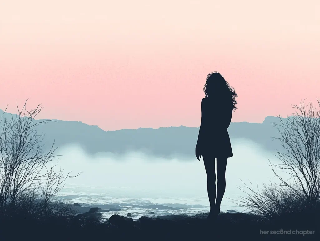 Vector image of a woman standing near water under a pale sky, surrounded by dry branches and misty mountains, expressing spiritual confusion and longing.