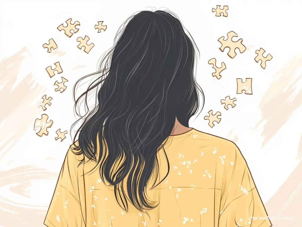 Woman surrounded by floating puzzle pieces, viewed from behind.