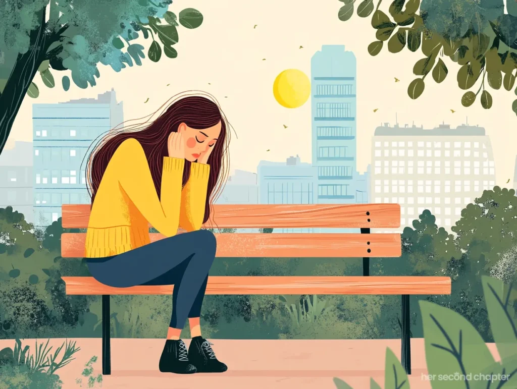 Woman in a yellow sweater sitting on a bench in a city park with her head resting in her hands, sunlight and buildings in the background.