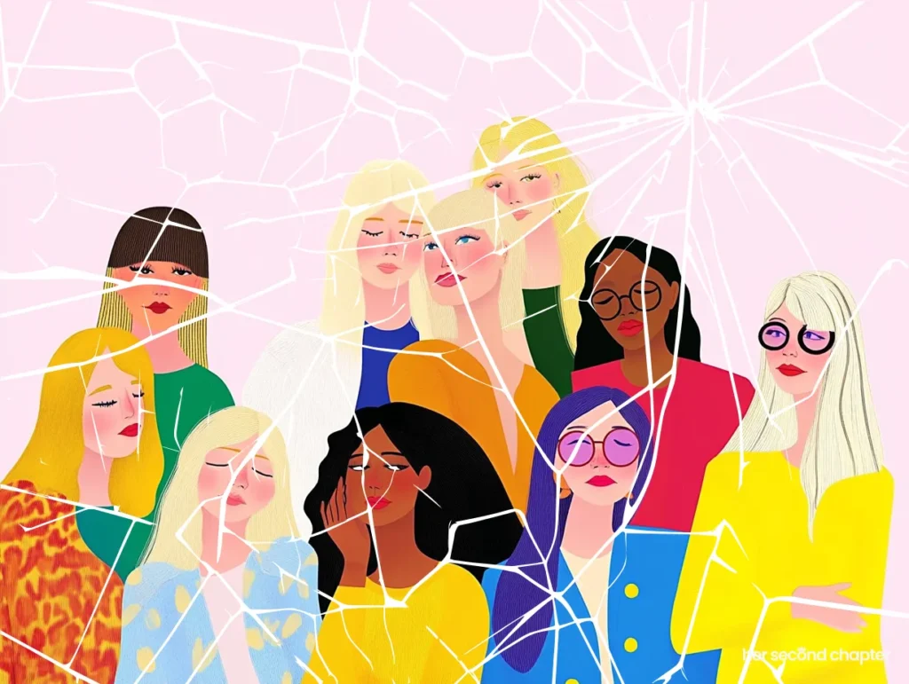 A group of diverse women behind cracked glass, visually expressing why so many women are feeling lost in life due to fractured identity and roles.