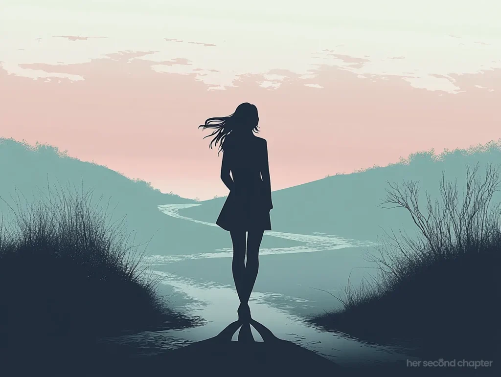 Vector illustration of a woman standing at a fork in the road at sunrise, with her hair blowing gently in the wind, symbolizing a crossroads moment in faith.