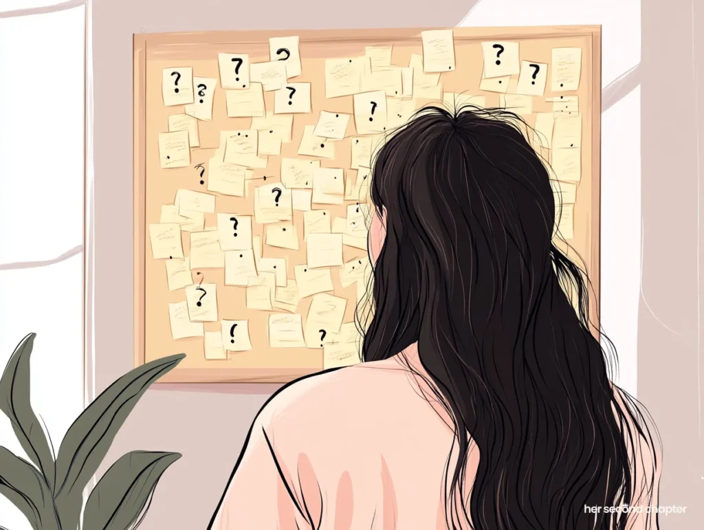 Woman staring at a wall full of sticky notes covered in question marks.