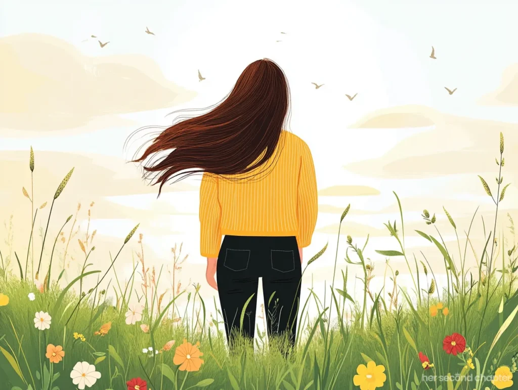 Woman in a yellow striped shirt standing in a blooming field, wind blowing through her hair as she looks toward a sky filled with birds.