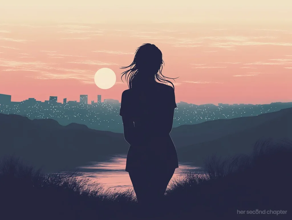Vector silhouette of a woman overlooking a glowing city at sunset, suggesting spiritual nearness even in seasons of silence.