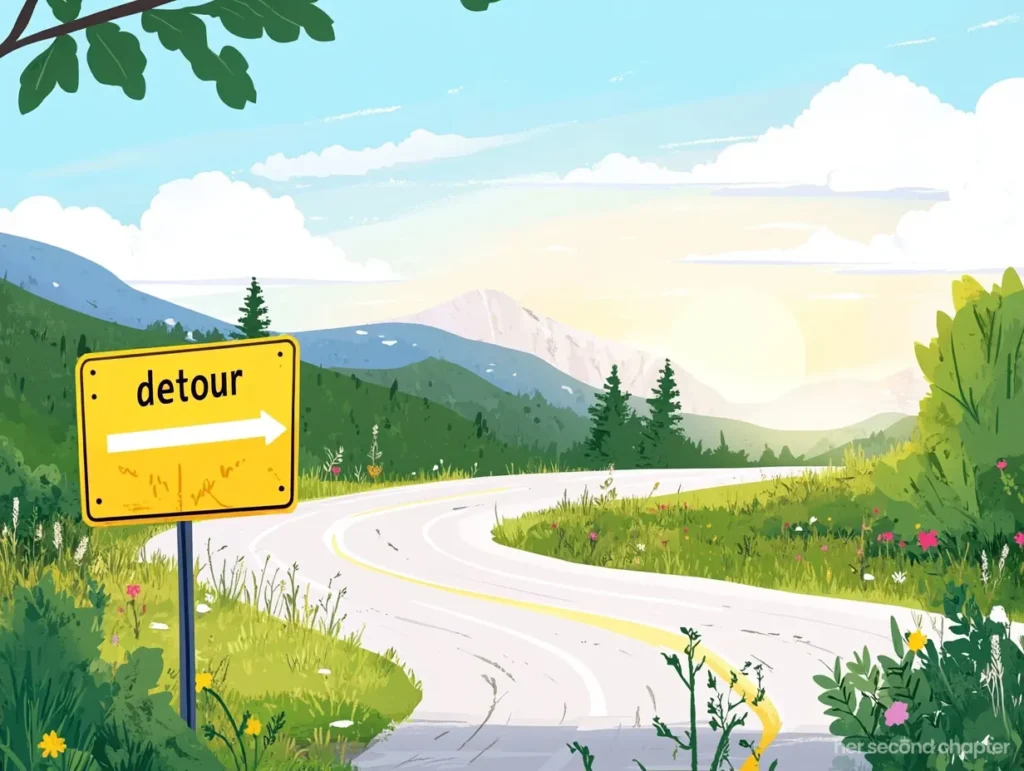 A bright winding road through rolling green hills with a yellow detour sign pointing to the right, under a clear blue sky.