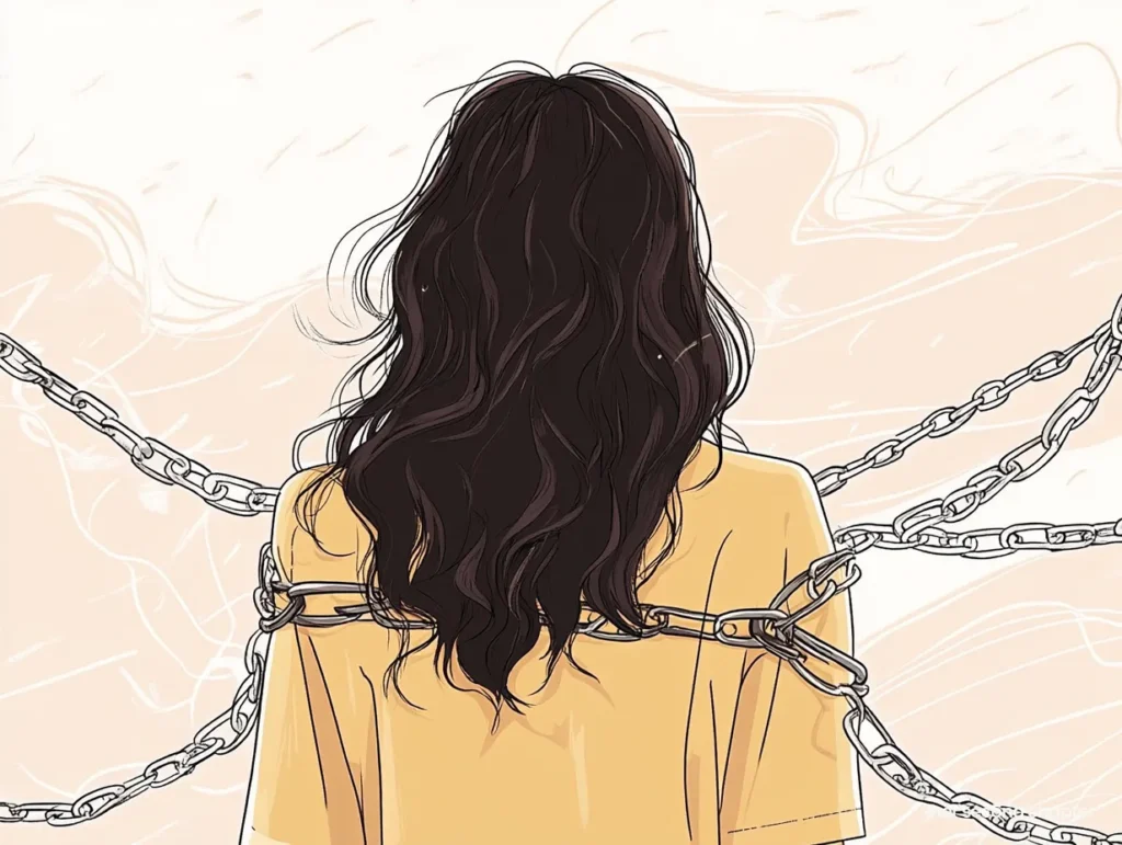 Woman bound in chains, facing away, symbolizing emotional heaviness.