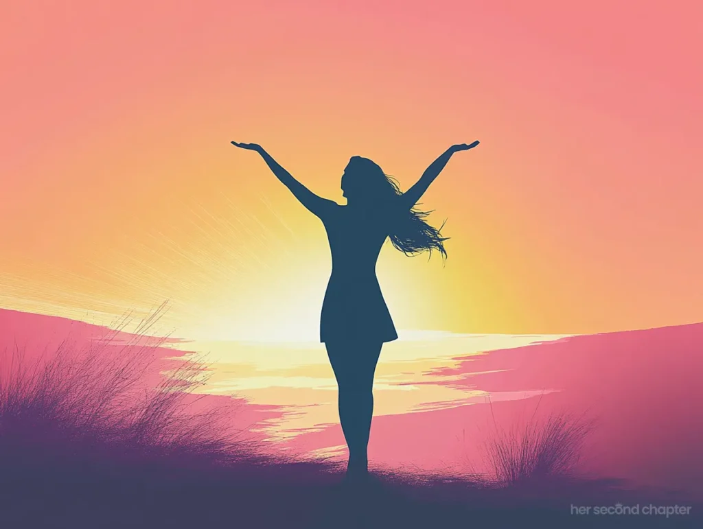 Vector art of a woman with arms raised in worship, standing before a glowing sunrise over water, representing spiritual surrender and hope.