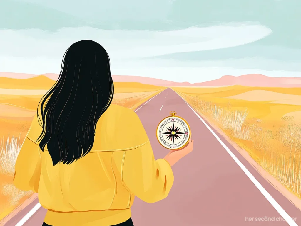 Woman holding a compass while walking down an empty desert road, with golden tones all around and mountains in the distance.