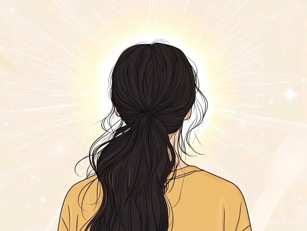 Woman standing in glowing light with radiant rays behind her.