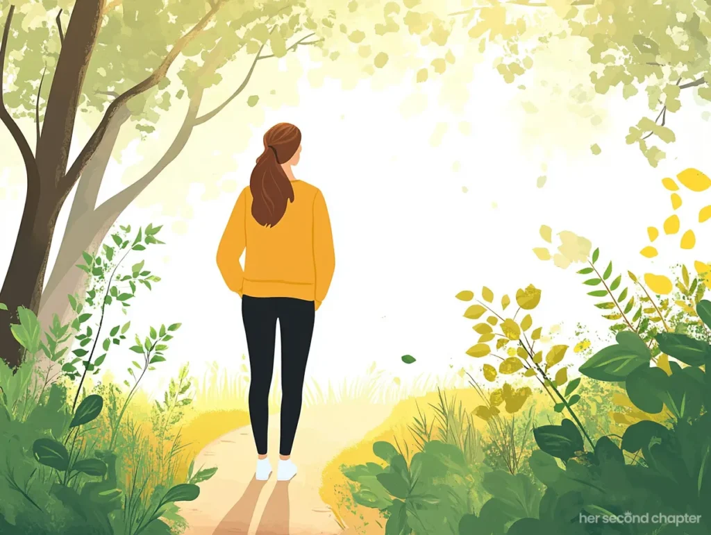 Woman in a yellow sweater standing at the edge of a sunlit path surrounded by lush greenery, holding a lantern glowing with warm light.