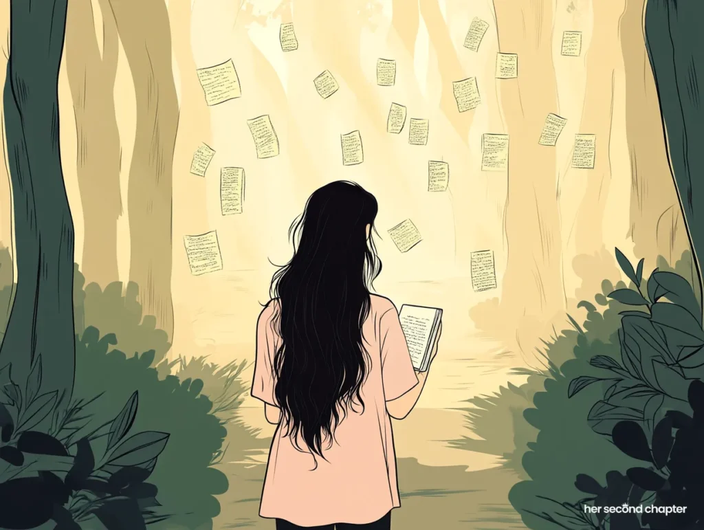 Woman on a forest path, surrounded by floating journal pages.
