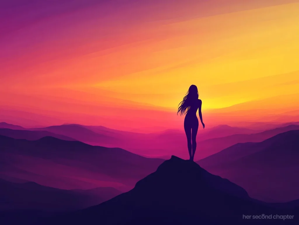 Vector silhouette of a woman standing on a mountaintop at sunset, surrounded by a warm, layered horizon, representing hope and new spiritual beginnings.