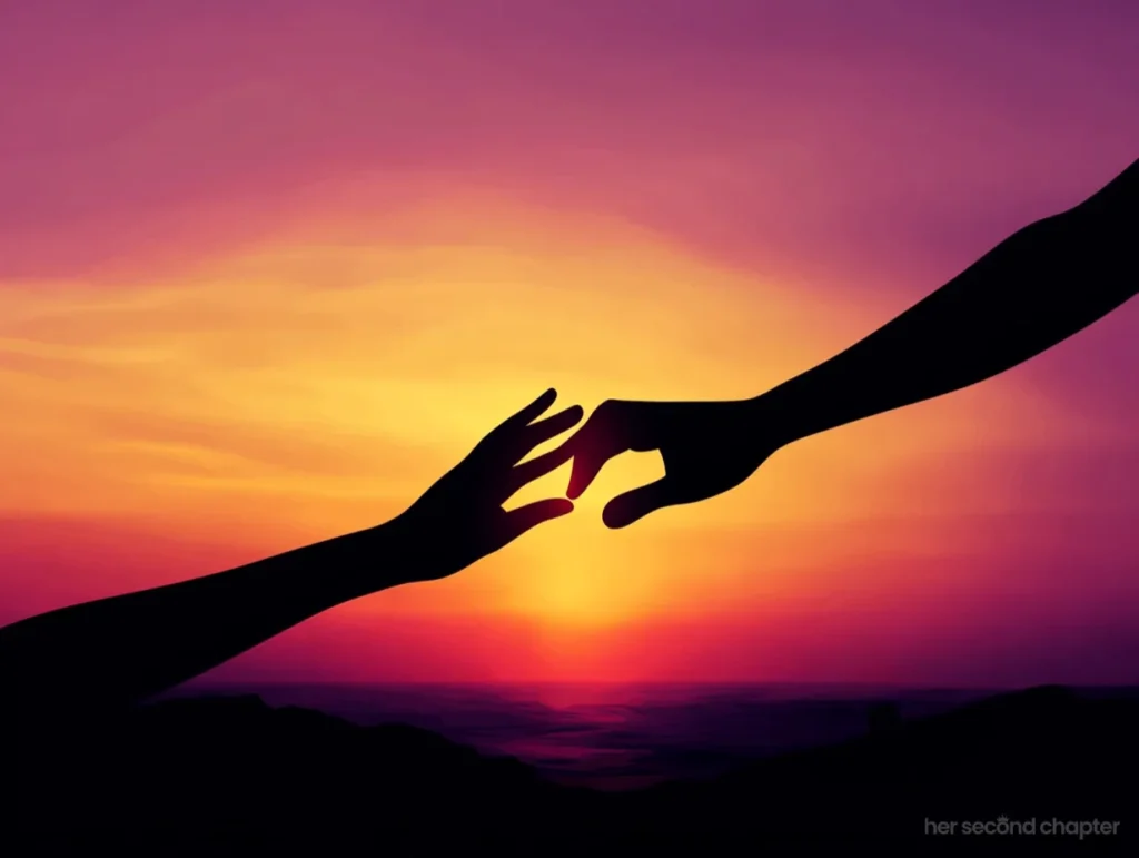 Two silhouetted hands reaching toward each other at sunset, symbolizing connection, comfort, and divine presence in times of spiritual loneliness