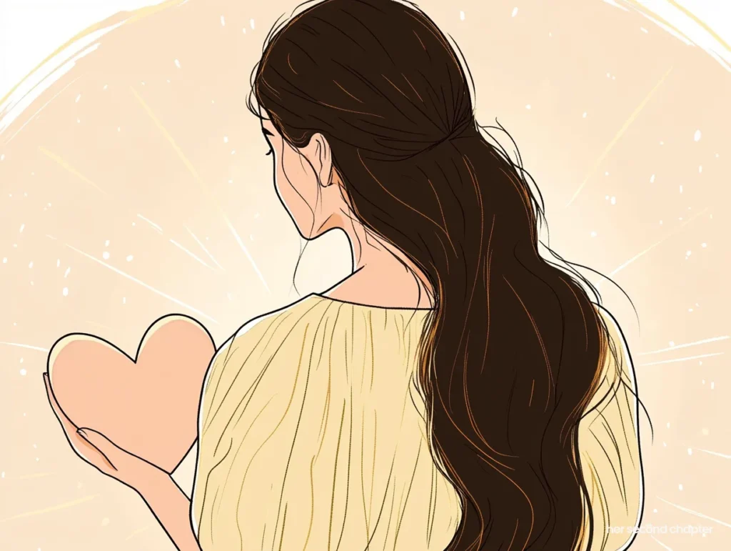 Woman holding a heart close to her chest, bathed in soft light.