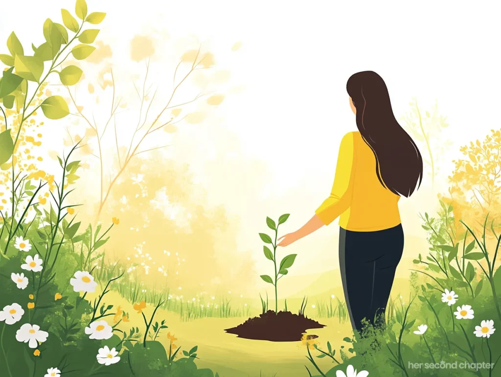 Woman in a yellow sweater looking at a small green sprout she planted in a sunny meadow full of daisies and wildflowers.