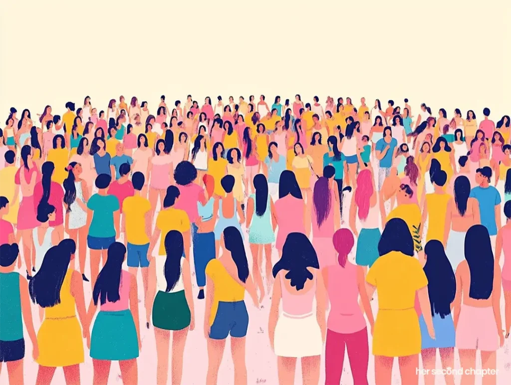 vector illustration of a large group of women representing being pulled into roles that don't always reflect who we are. Meant to help answer the question "why do I feel lost"?
